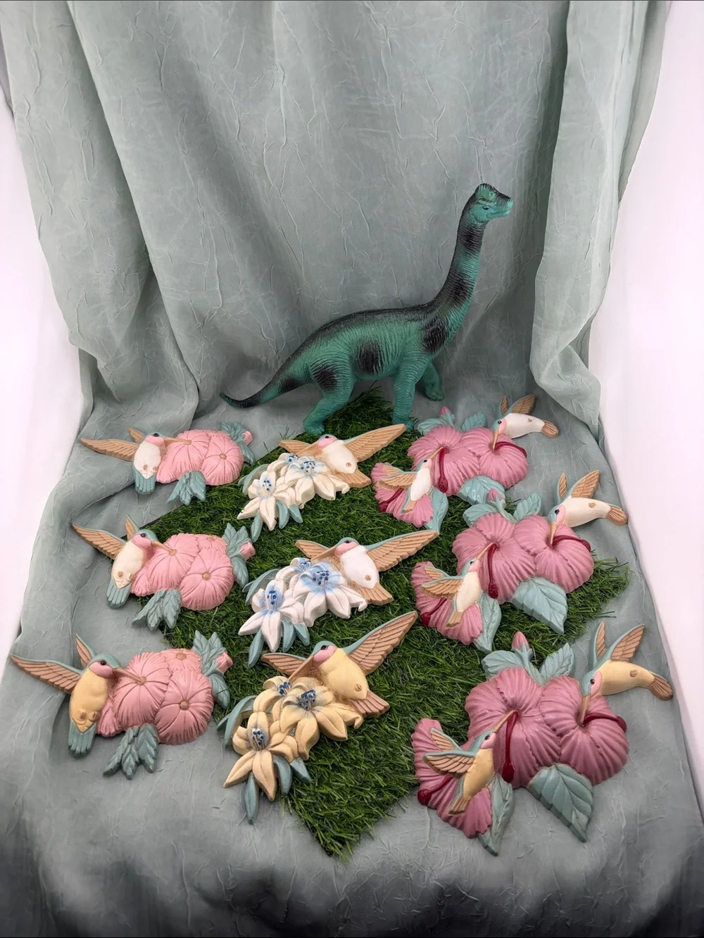 Vintage 1990s Burwood Products Plastic Hummingbird and Flower Wall Art |set of 9